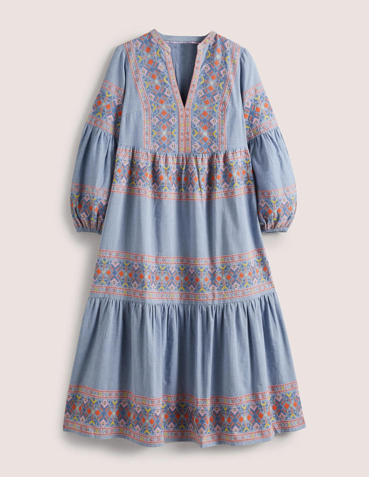 Tiered Embroidered Maxi Dress-Light Chambray