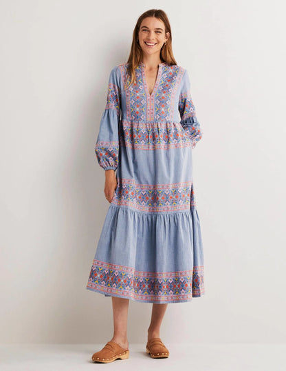 Tiered Embroidered Maxi Dress-Light Chambray