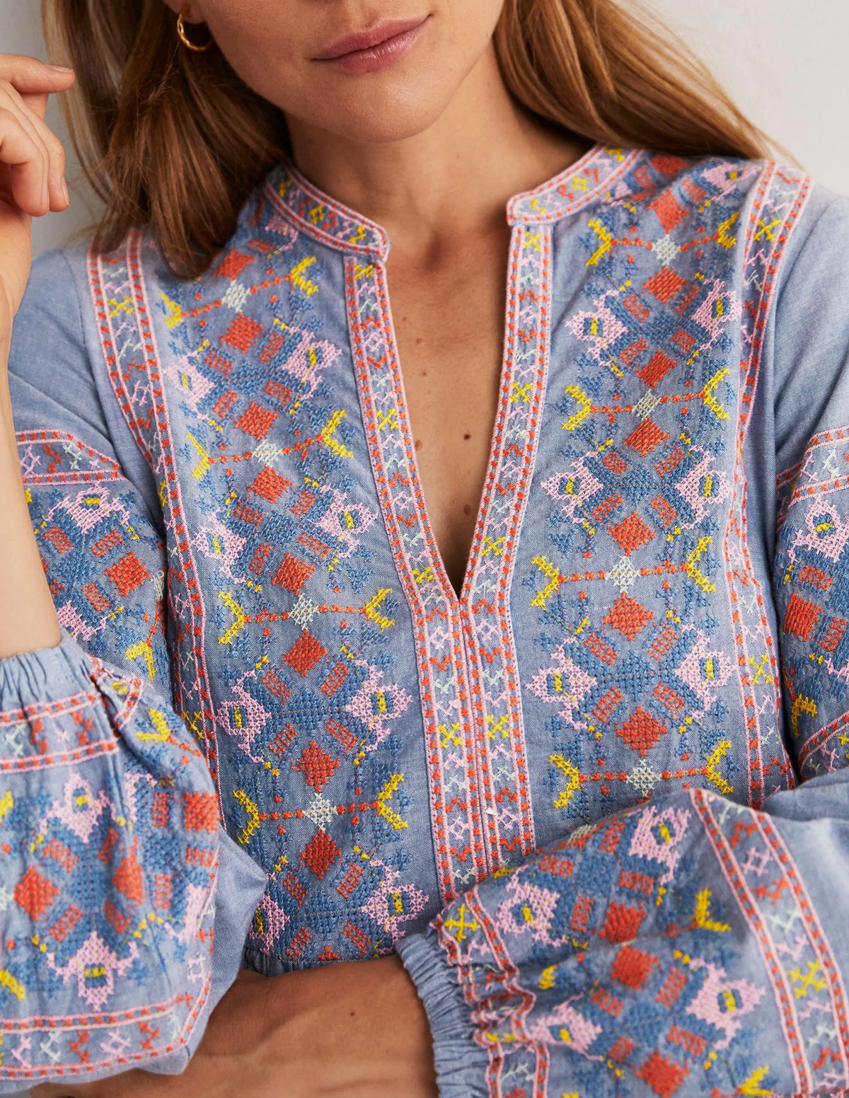 Tiered Embroidered Maxi Dress-Light Chambray
