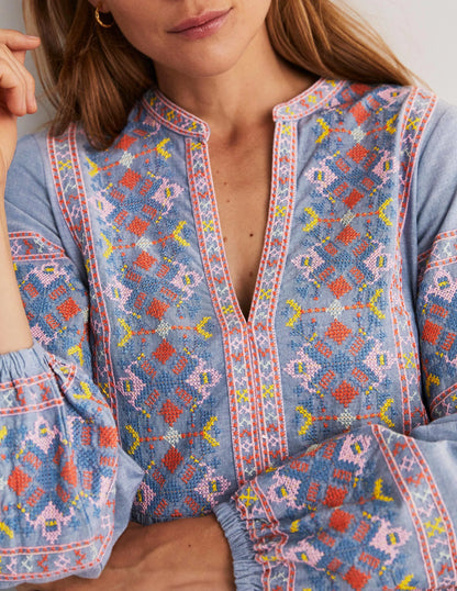 Tiered Embroidered Maxi Dress-Light Chambray