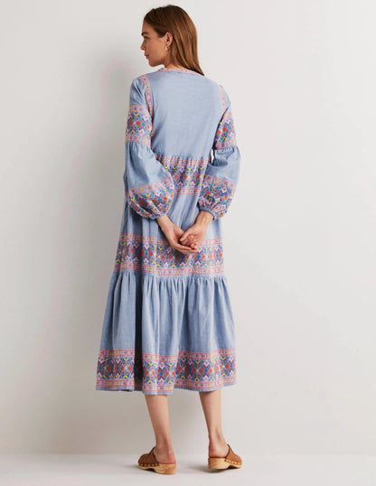 Tiered Embroidered Maxi Dress-Light Chambray