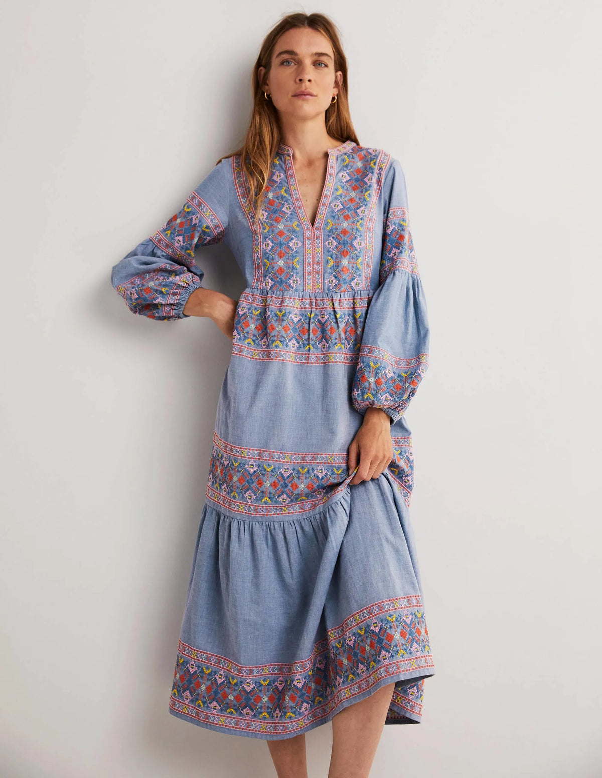 Tiered Embroidered Maxi Dress-Light Chambray