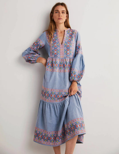 Tiered Embroidered Maxi Dress-Light Chambray