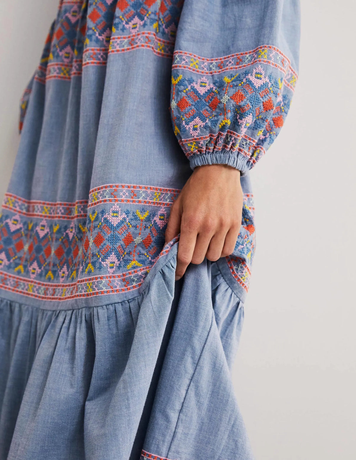 Tiered Embroidered Maxi Dress-Light Chambray