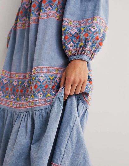 Tiered Embroidered Maxi Dress-Light Chambray