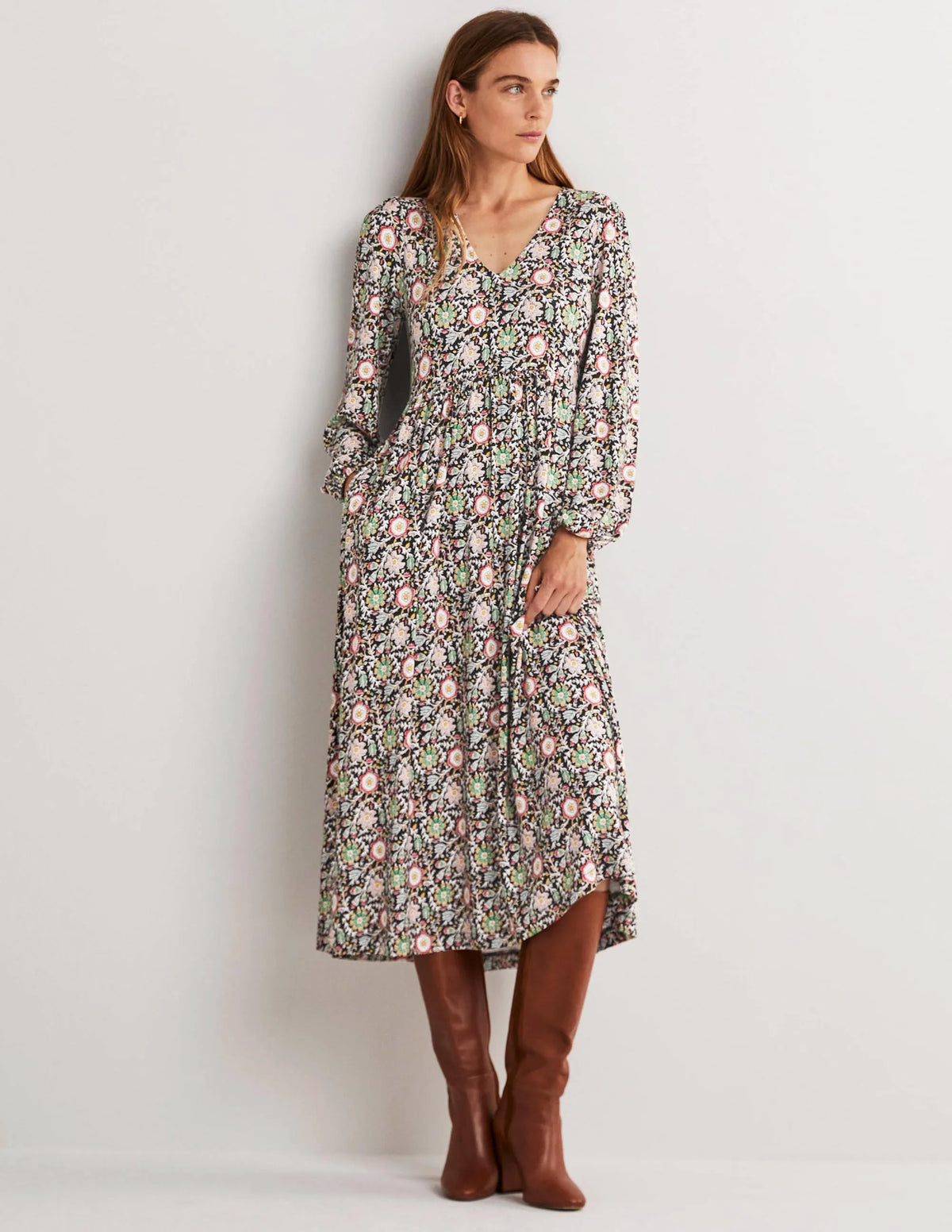 Long Sleeve Jersey Midi Dress-Multi, Enchanting Twig