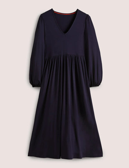 Long Sleeve Jersey Midi Dress-Navy