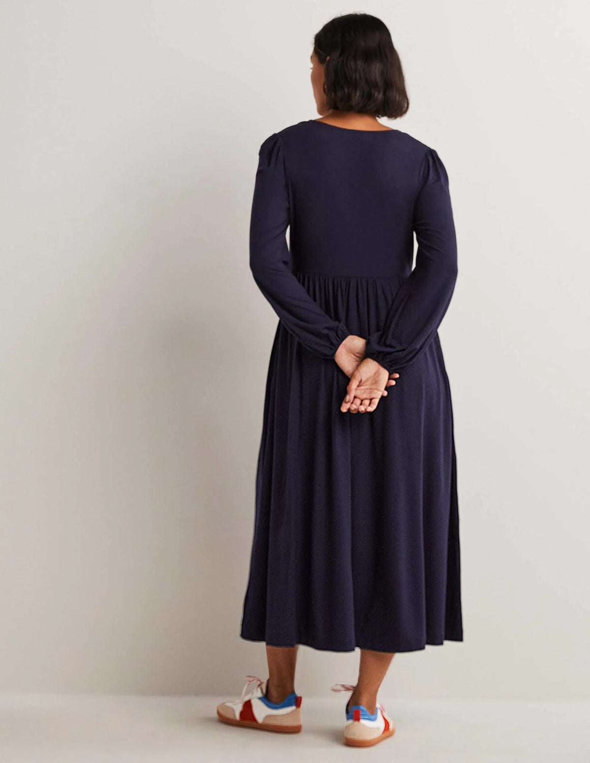 Long Sleeve Jersey Midi Dress-Navy