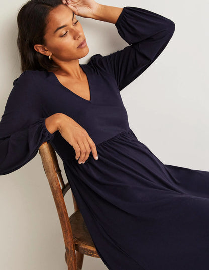 Long Sleeve Jersey Midi Dress-Navy