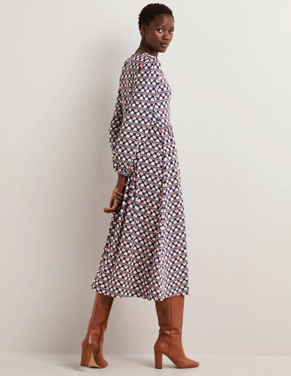 Long Sleeve Jersey Midi Dress-French Navy, Botanic Bud