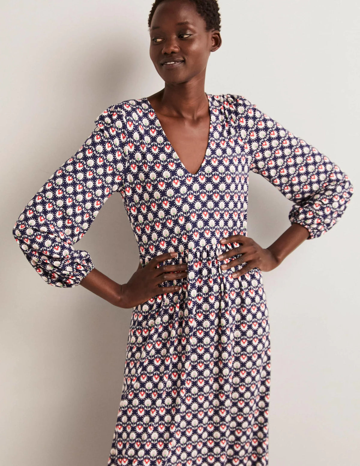 Long Sleeve Jersey Midi Dress-French Navy, Botanic Bud