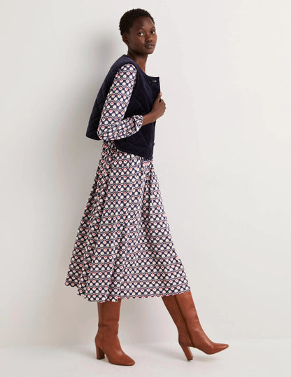 Long Sleeve Jersey Midi Dress-French Navy, Botanic Bud