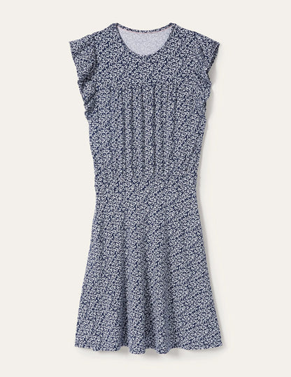 Ruffle Printed Mini Dress-Navy, Pome Leaf