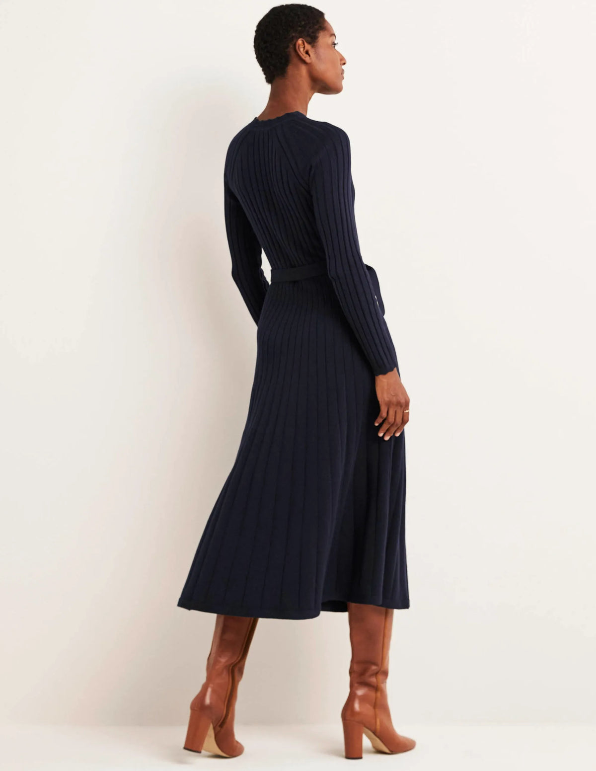 Rib Detail Knitted Midi Dress-Navy