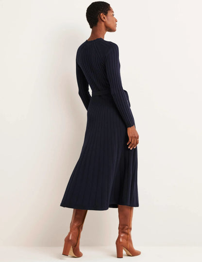 Rib Detail Knitted Midi Dress-Navy