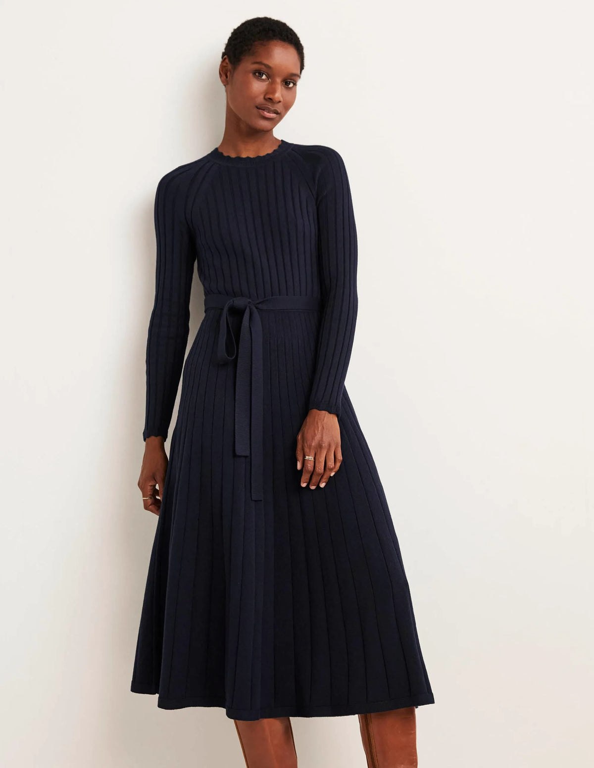 Rib Detail Knitted Midi Dress-Navy