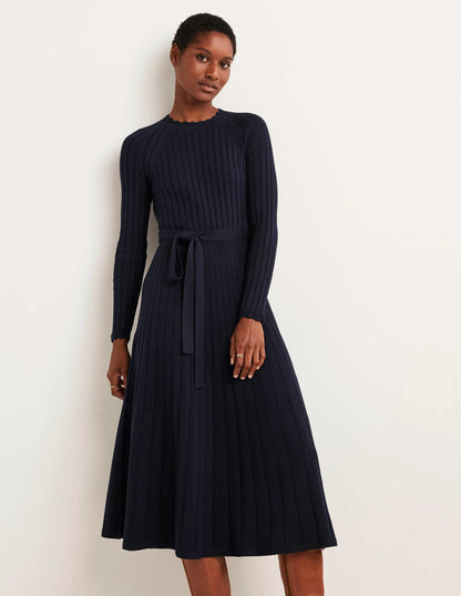 Rib Detail Knitted Midi Dress-Navy