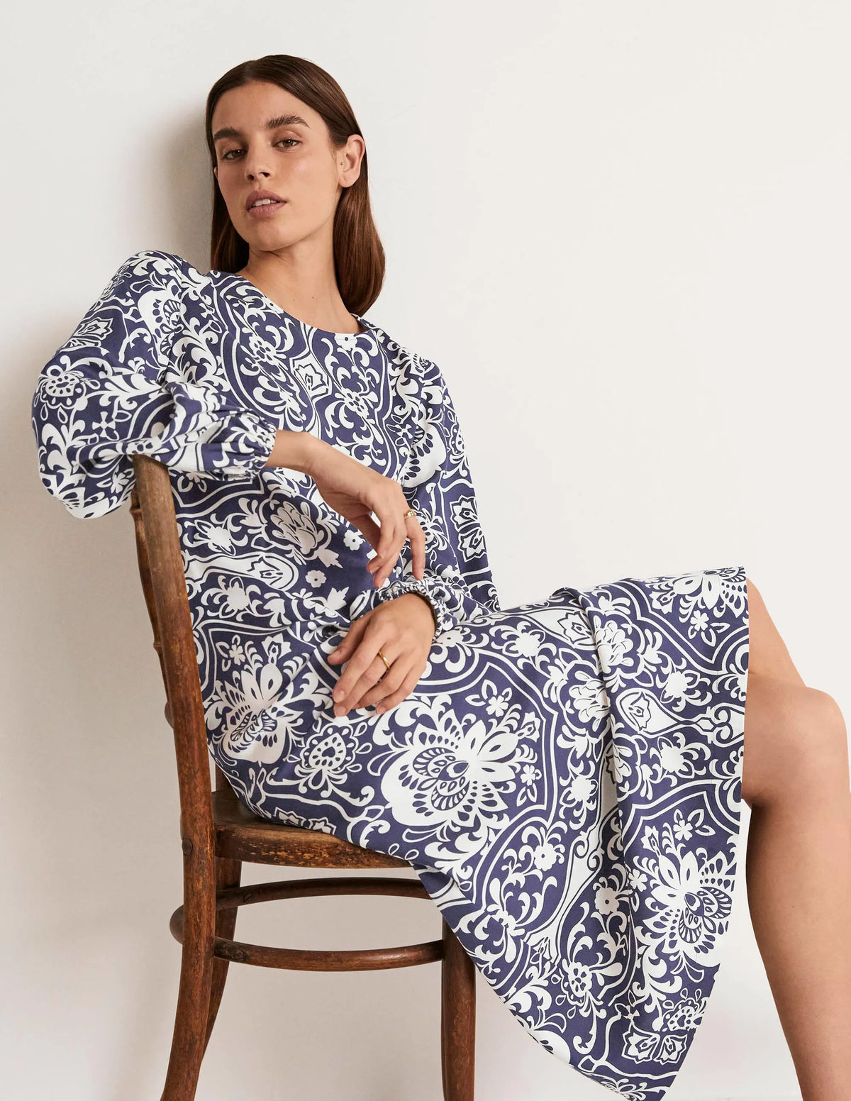 Long Sleeve Column Midi Dress-Navy, Ornate Garden