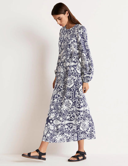 Long Sleeve Column Midi Dress-Navy, Ornate Garden