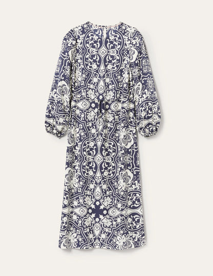 Long Sleeve Column Midi Dress-Navy, Ornate Garden