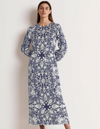 Long Sleeve Column Midi Dress-Navy, Ornate Garden