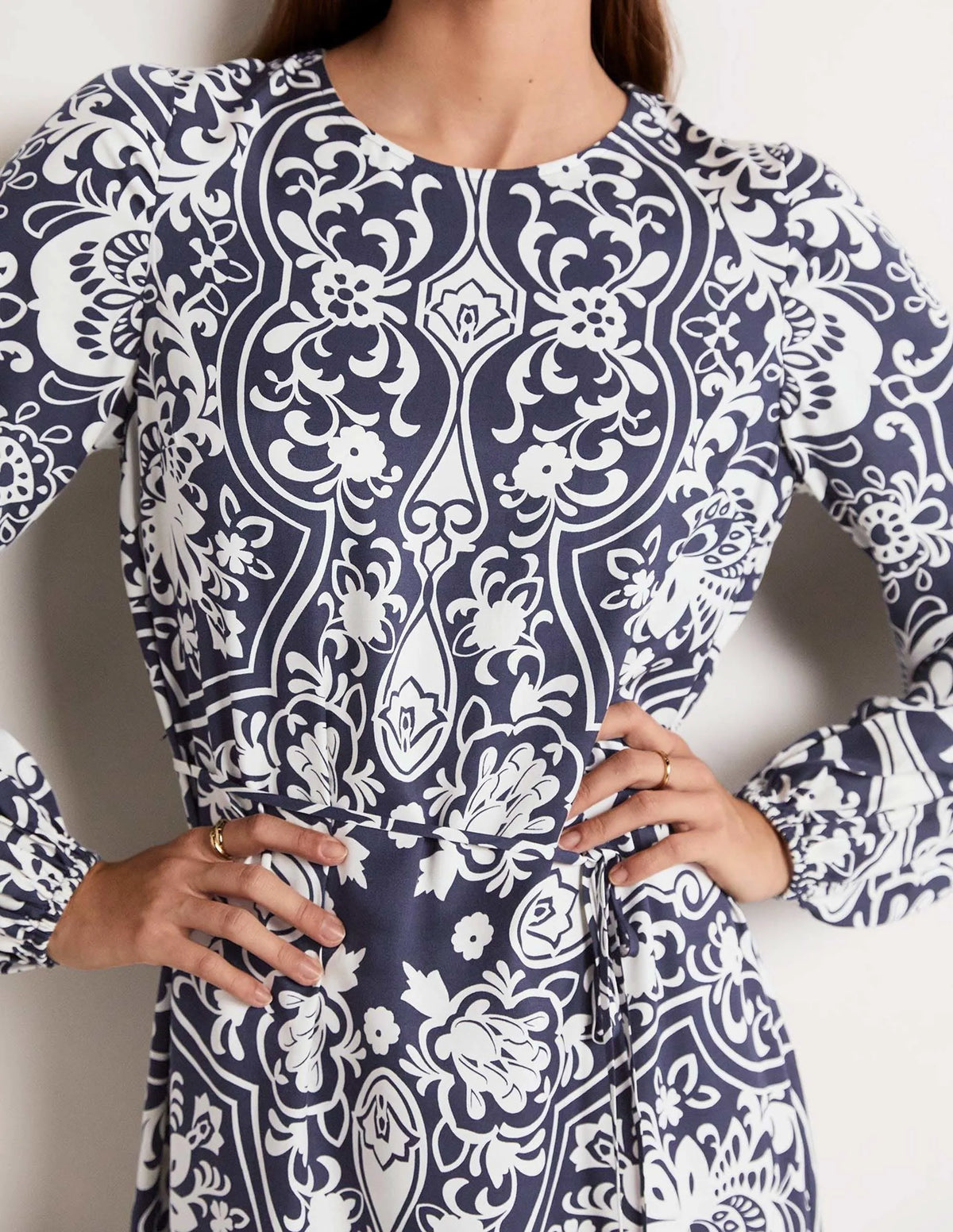 Long Sleeve Column Midi Dress-Navy, Ornate Garden