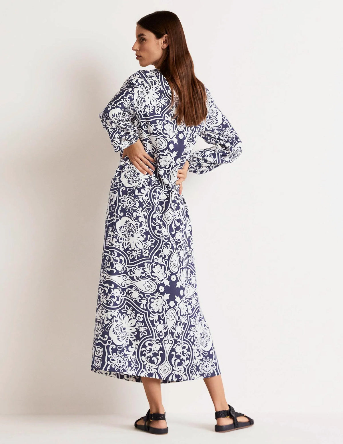 Long Sleeve Column Midi Dress-Navy, Ornate Garden