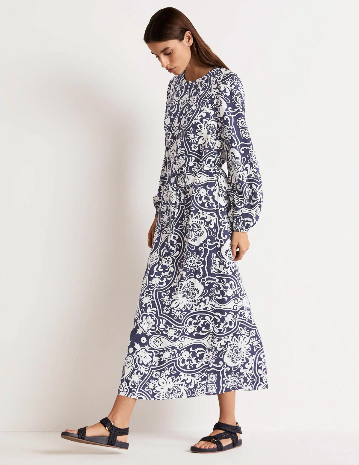 Long Sleeve Column Midi Dress-Navy, Ornate Garden