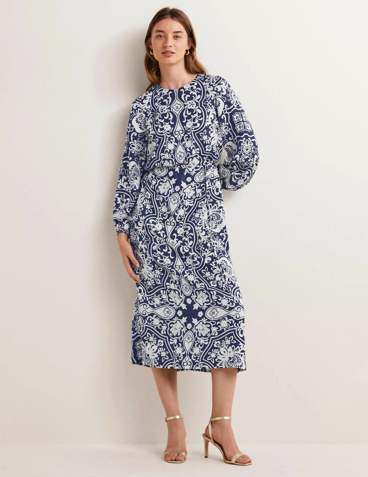 Long Sleeve Column Midi Dress-Navy, Ornate Garden
