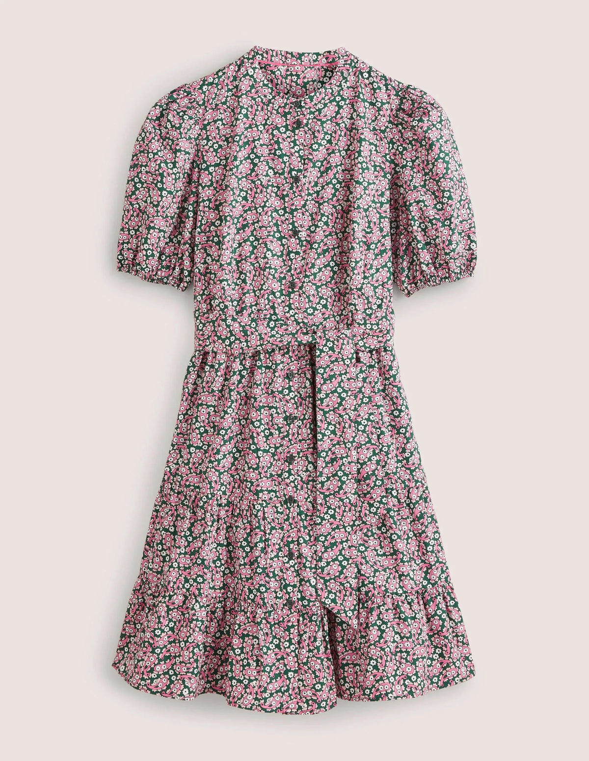 Tiered Shirt Dress-Trekking Green, Petal Paisley