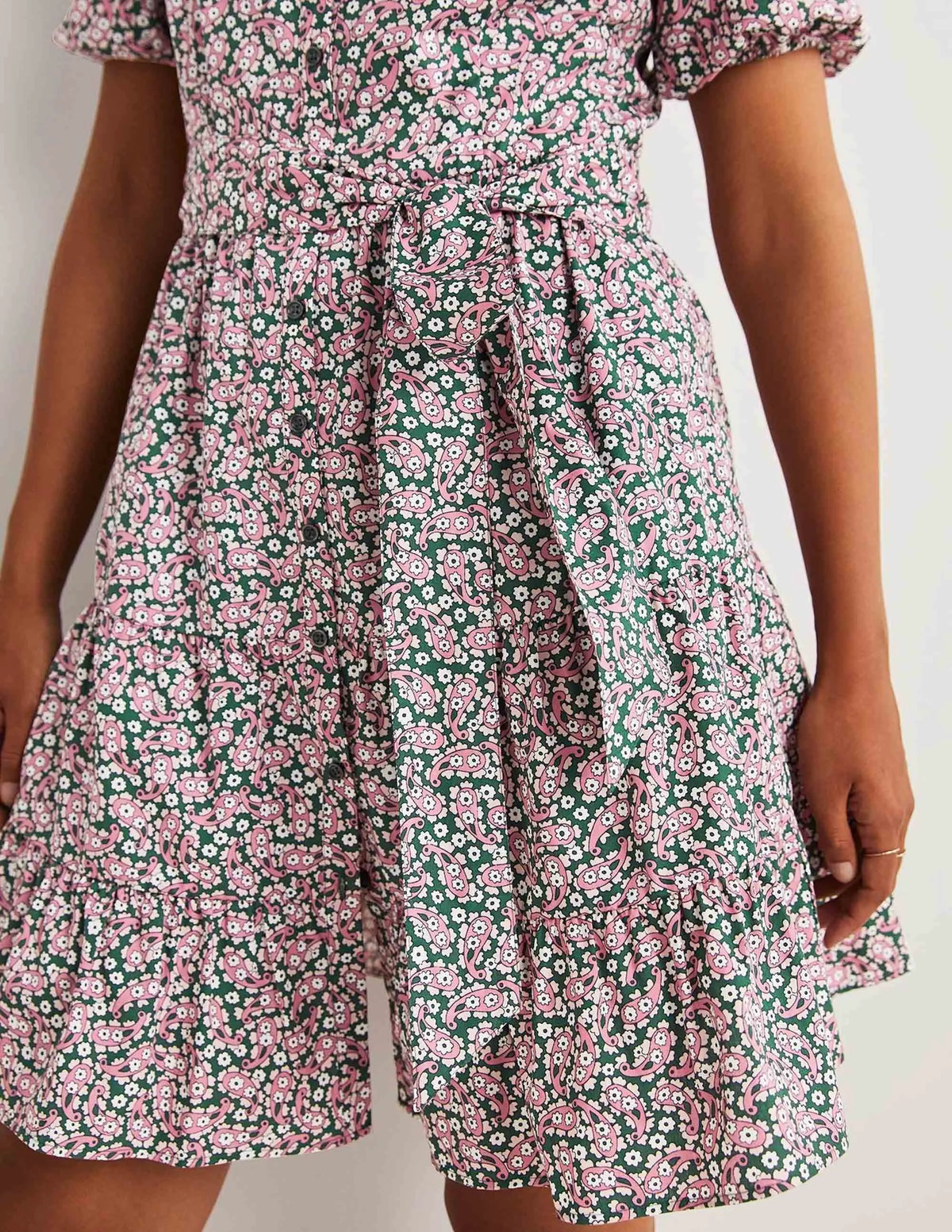 Tiered Shirt Dress-Trekking Green, Petal Paisley
