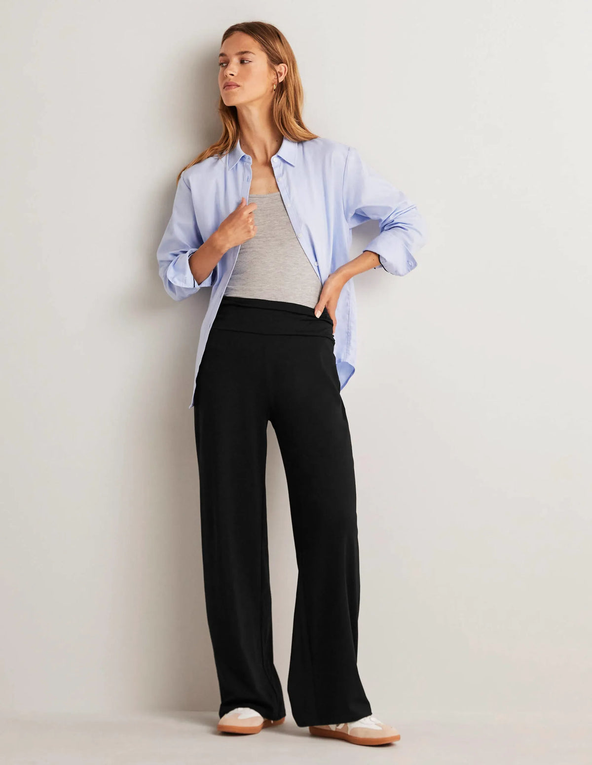 Wide Leg Jersey Pants-Black