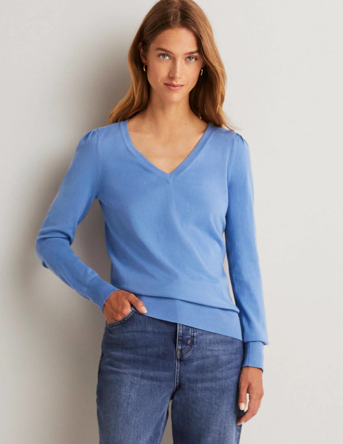 Cotton V-Neck Sweater-Riviera Blue
