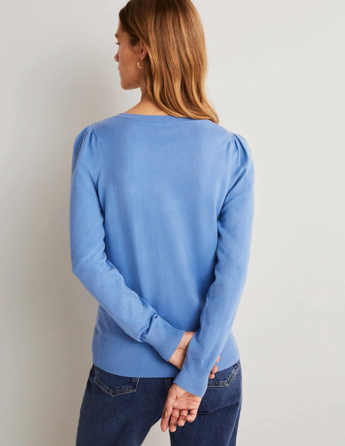 Cotton V-Neck Sweater-Riviera Blue