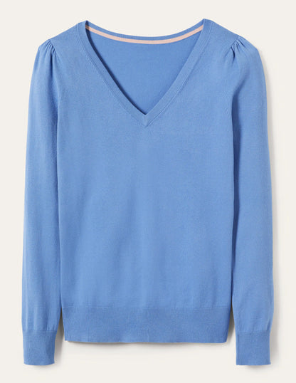 Cotton V-Neck Sweater-Riviera Blue