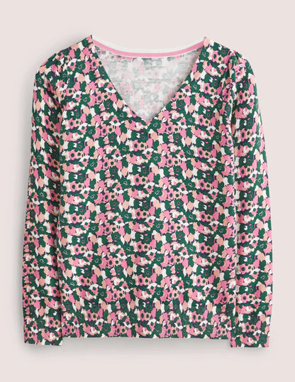 Cotton V-Neck Sweater-Wild Rose, Tulip Cluster