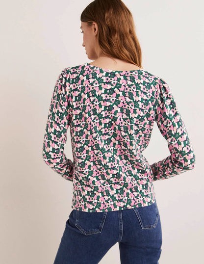 Cotton V-Neck Sweater-Wild Rose, Tulip Cluster