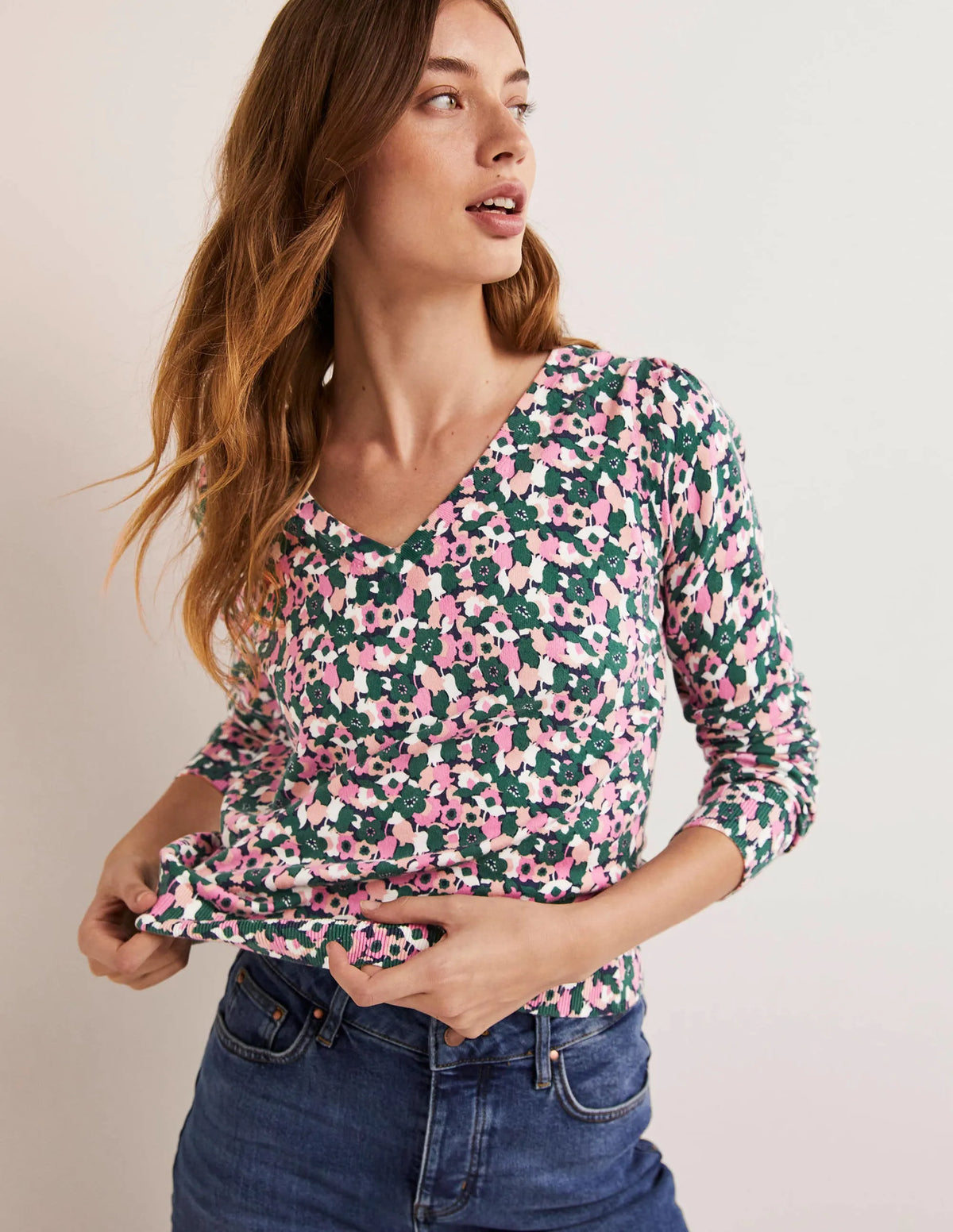 Cotton V-Neck Sweater-Wild Rose, Tulip Cluster