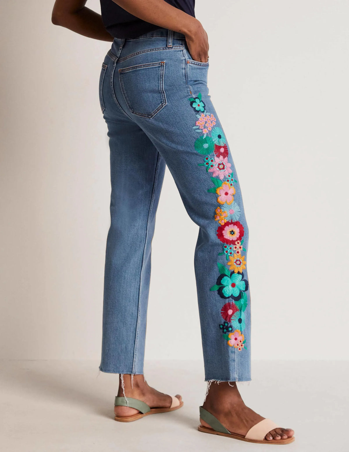 Relaxed Straight Jeans-Floral Multi Embroidery