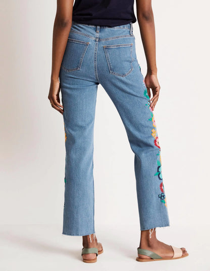 Relaxed Straight Jeans-Floral Multi Embroidery