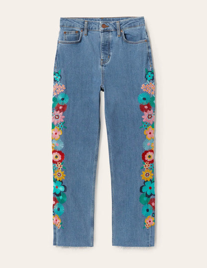 Relaxed Straight Jeans-Floral Multi Embroidery