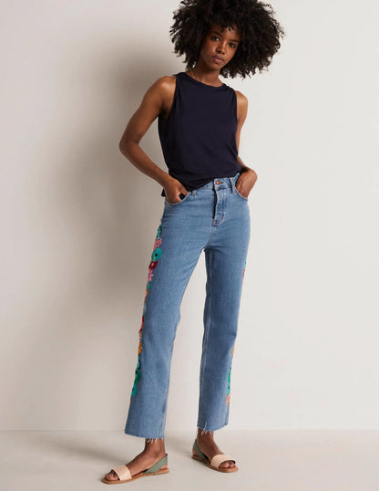 Relaxed Straight Jeans-Floral Multi Embroidery
