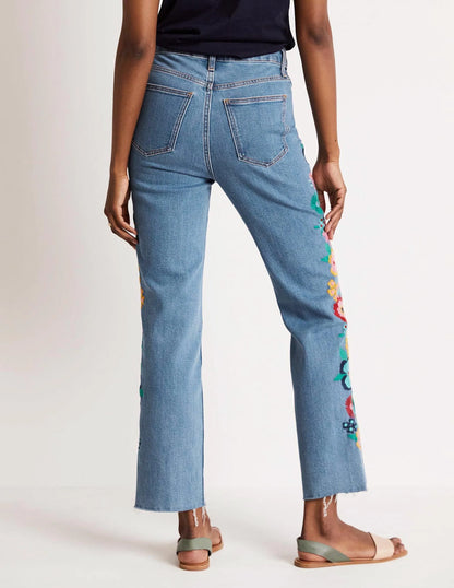 Relaxed Straight Jeans-Floral Multi Embroidery