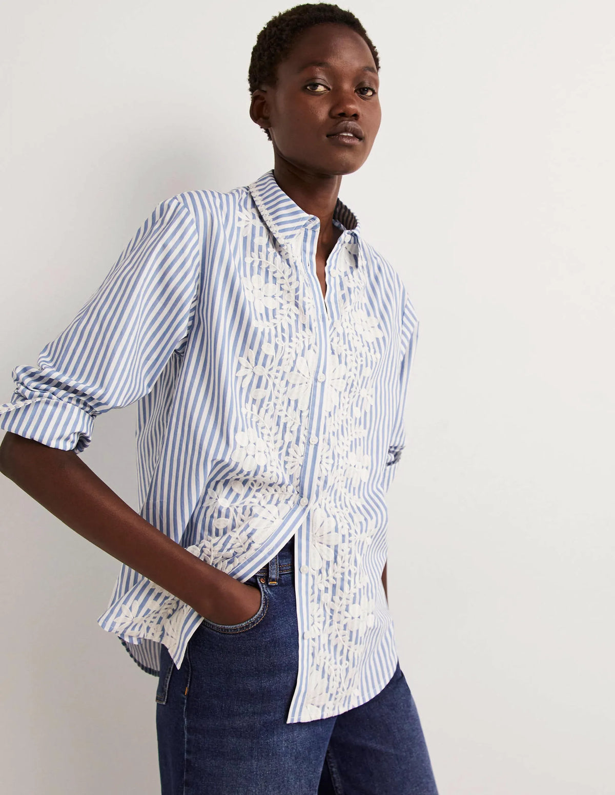 Relaxed Cotton Shirt-Ticking Stripe, Embroidered