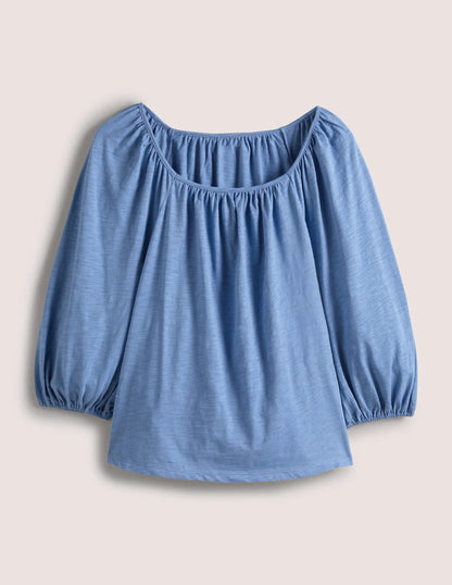 Blouson Sleeve Cotton Top-Riviera Blue