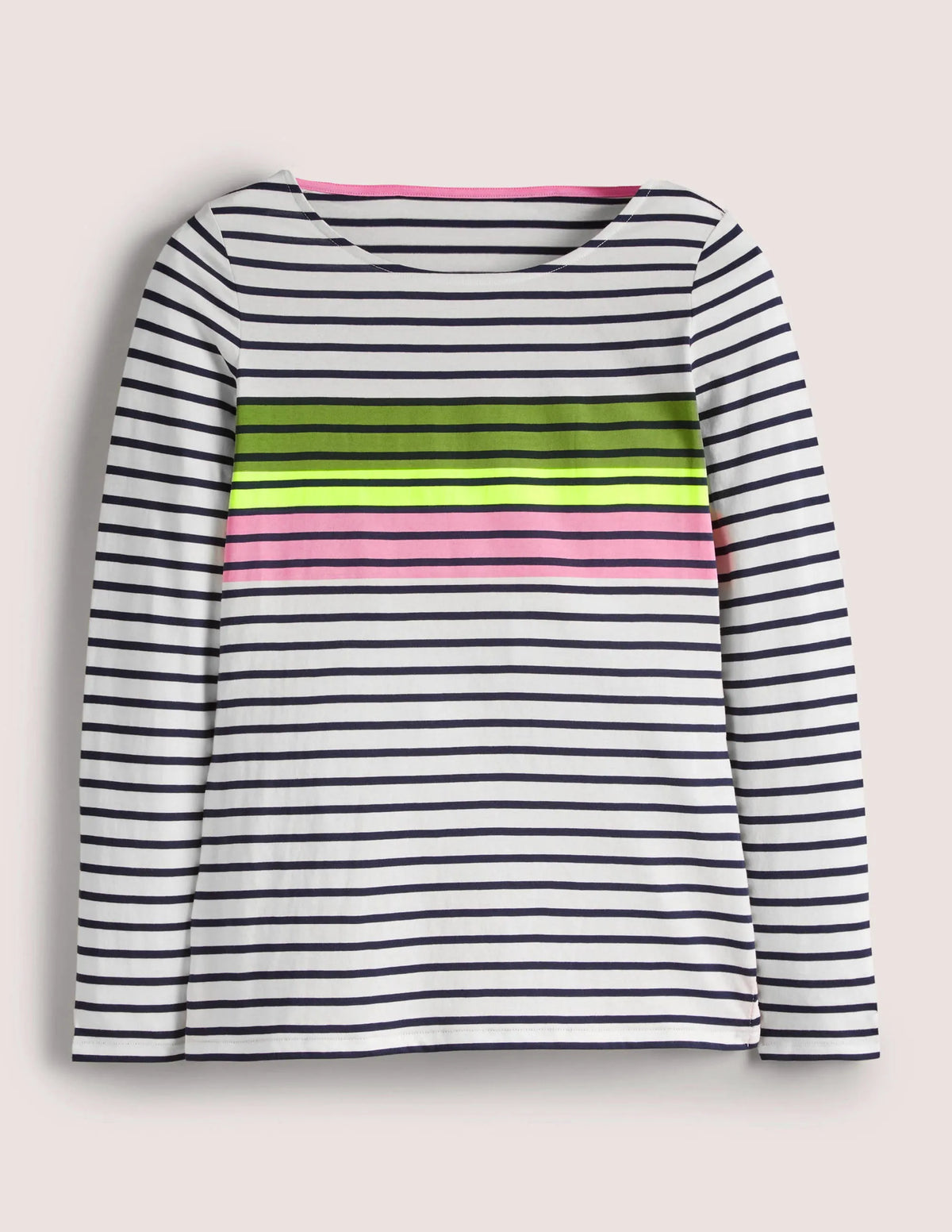 Ella Long Sleeve Breton-Green/Prink Placement Stripe