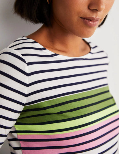 Ella Long Sleeve Breton-Green/Prink Placement Stripe