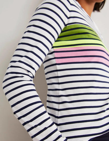 Ella Long Sleeve Breton-Green/Prink Placement Stripe