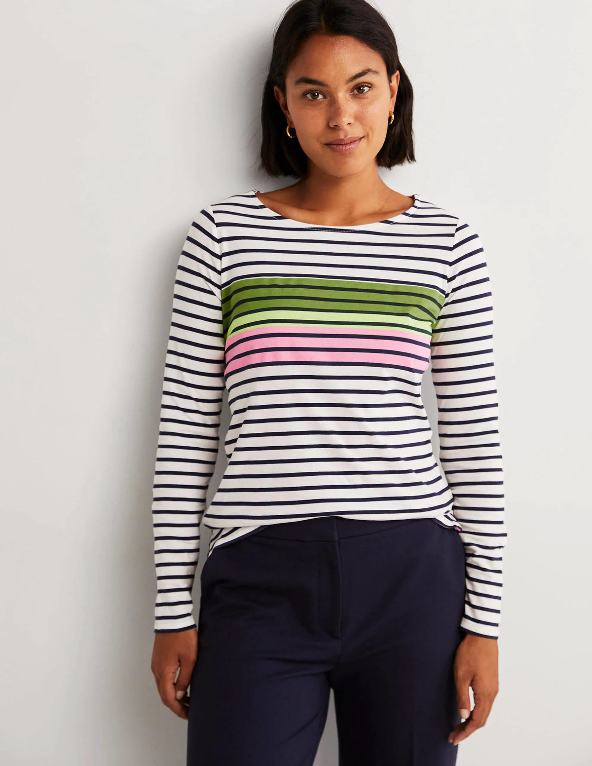Ella Long Sleeve Breton-Green/Prink Placement Stripe