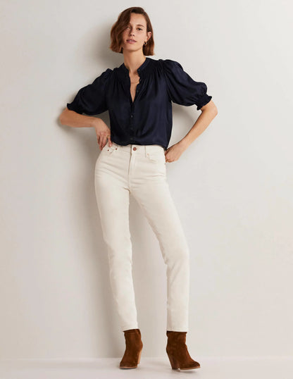 Smocked Silk Blend Blouse-Navy